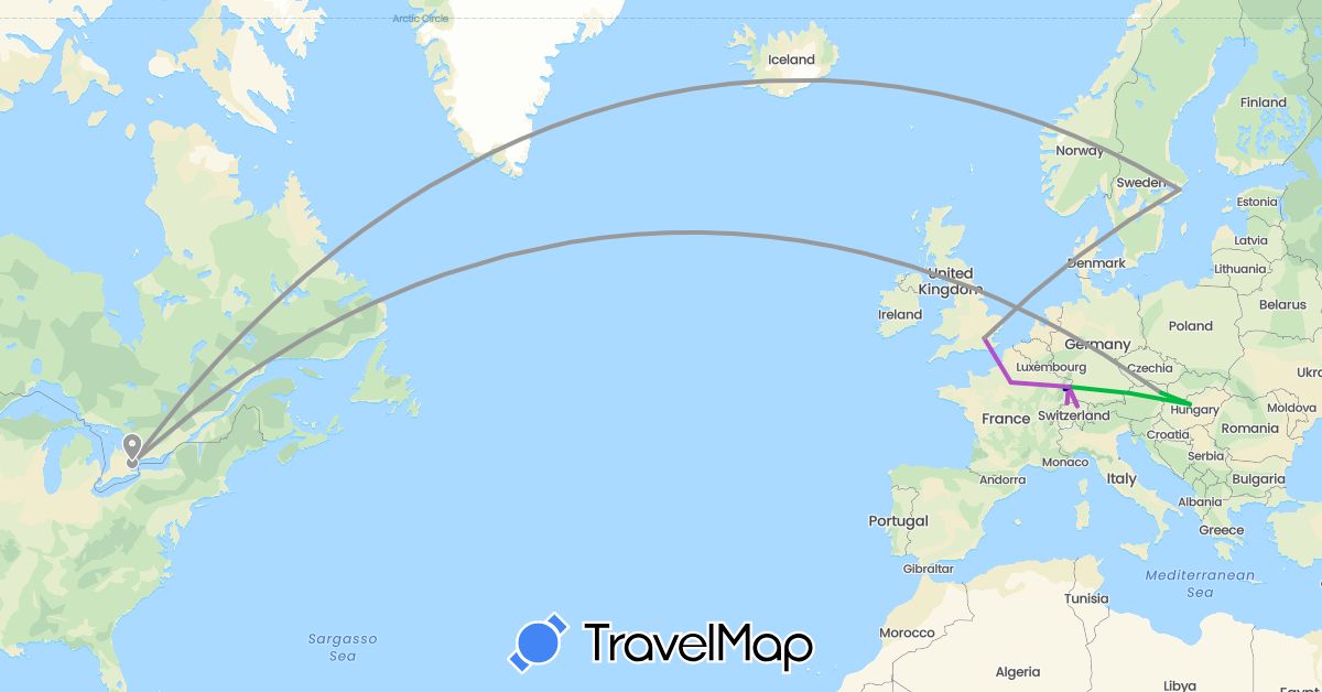 TravelMap itinerary: driving, bus, plane, train, hiking in Austria, Canada, Switzerland, Germany, France, United Kingdom, Hungary, Sweden (Europe, North America)